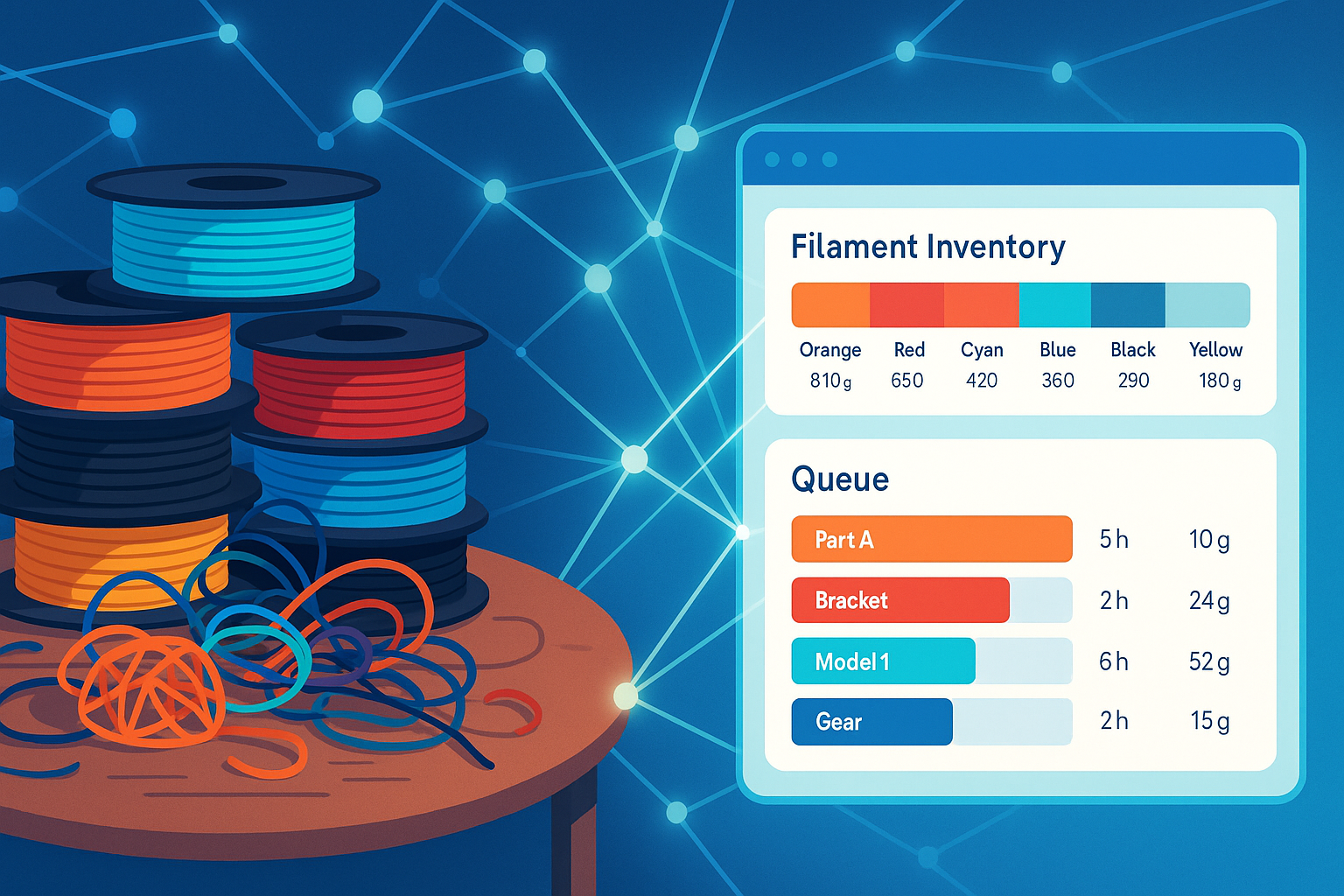3D Print Wrap app showing filament inventory and print queue management